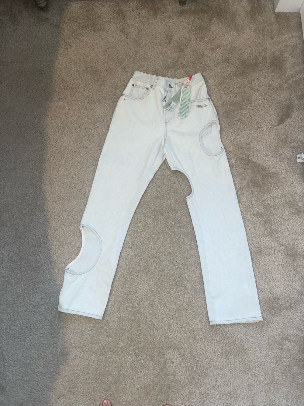 Off-White Light Blue Straight Leg Jeans with Circular  Cutouts